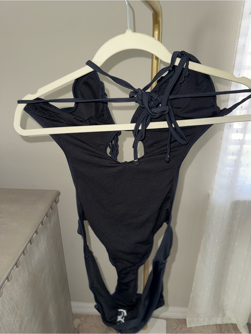 Ninety Nine Degrees Black Fringe Trim Halter Cut Out One-Piece Swimsuit - Picture 4 of 5